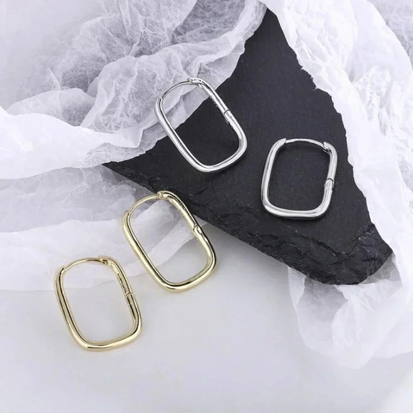 925 Sterling Silver Hoop Huggie Earrings Round Rectangle Hoops Dainty Earrings - Picture 1 of 5